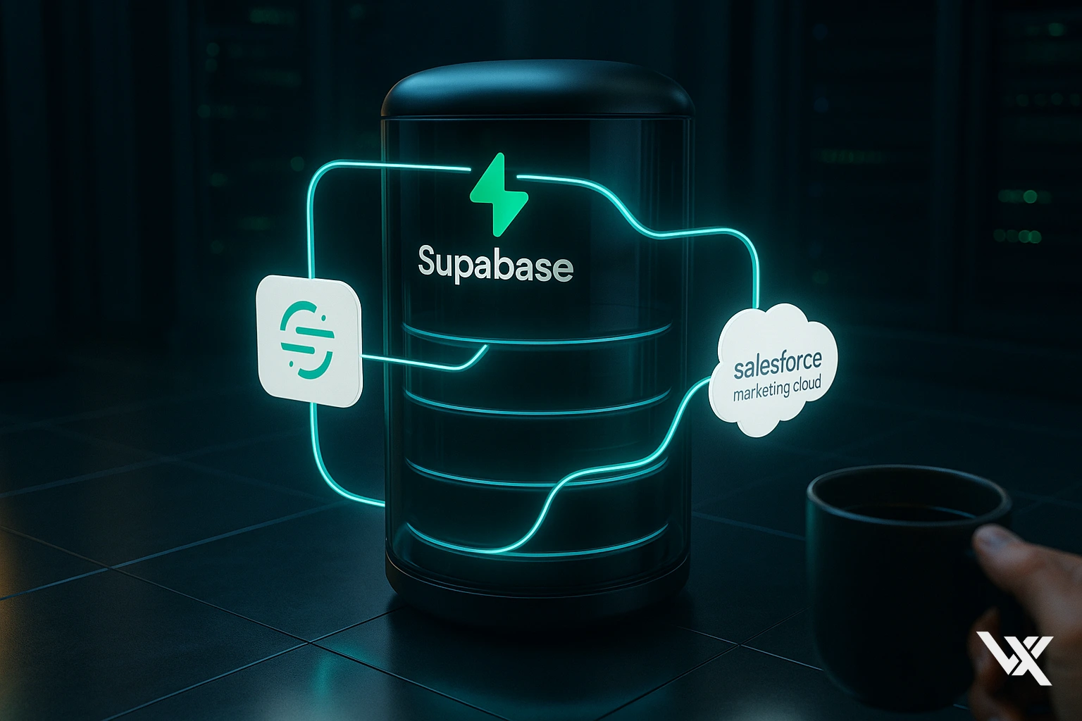 Modern marketing data stack architecture diagram showing Supabase, Segment, and Salesforce Marketing Cloud integration