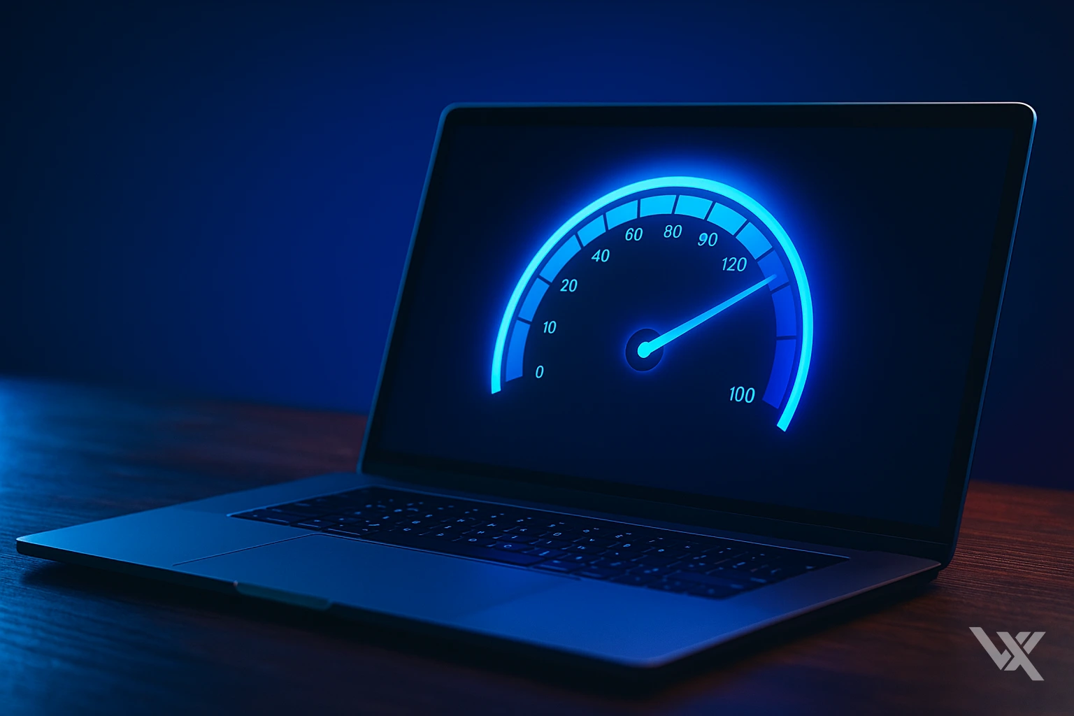 Laptop with speed gauge showing website performance metrics